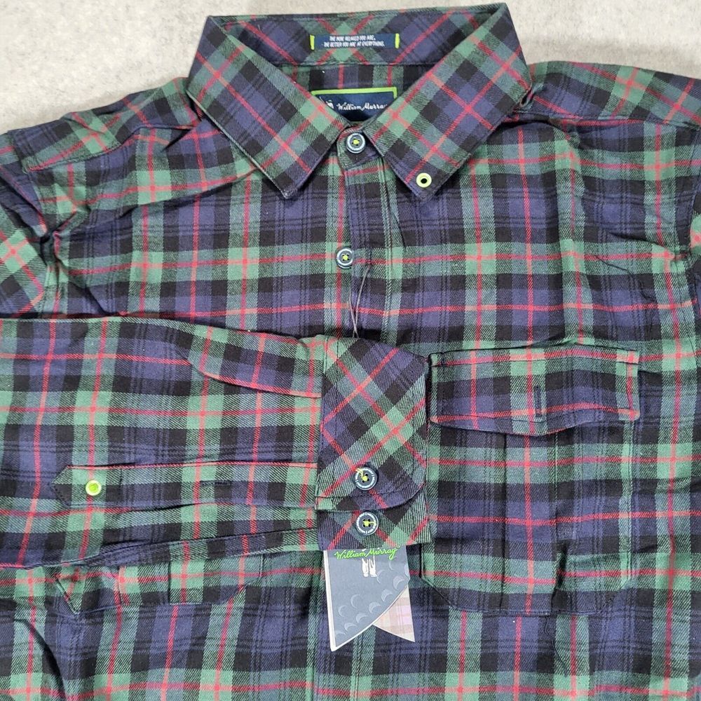 William Murray Tartan Chill Out Flannel Long Sleeve Shirt Mens Medium Green Blue
